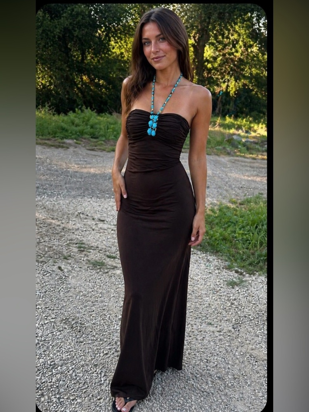 1672 NWT Morgan & Co Turquoise Stone Embellished Halter Maxi Dress. SzXS